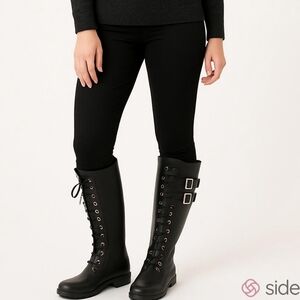 Tory Burch Goth Tall calf length rubber rain combat boots black gold lace up